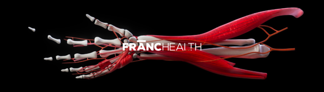 A 3D image of the bones in an arm and hand. Portions of muscles and nerves wrap around the arm. In the middle is the logo for Franc Health