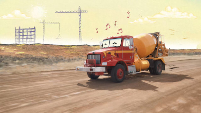 Cement Truck driving through an animated landscape.