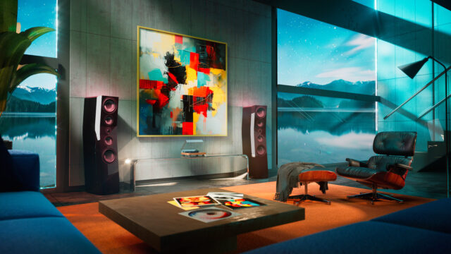 Modern living room with the SVS Ultra Evolution tower speakers on one side.