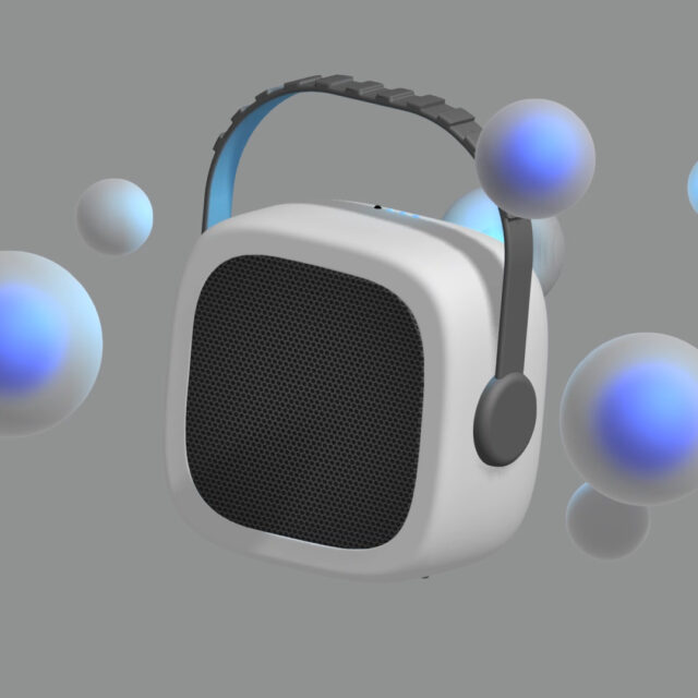 3D Speaker in the middle of a grey room. Transparent balls float around it.